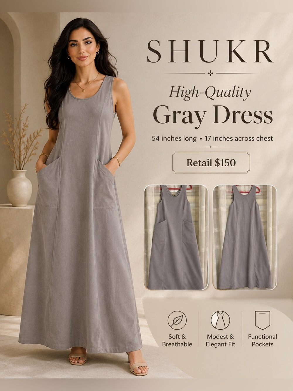 Shukr
gray dress 54 inches long 17 inches across chest made by shukr reg $150